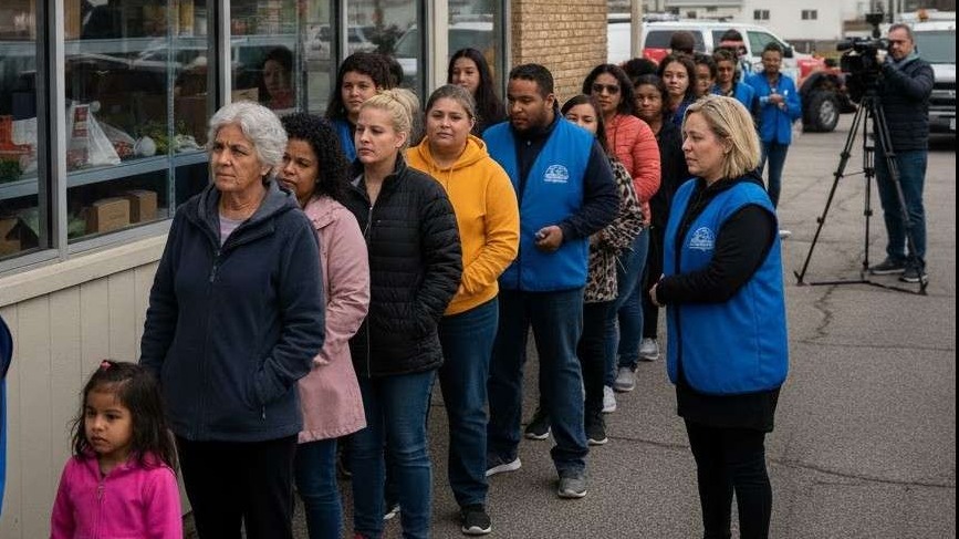 Federal Shutdown Threatens Food Assistance: Minimalist cabinet with canned goods.