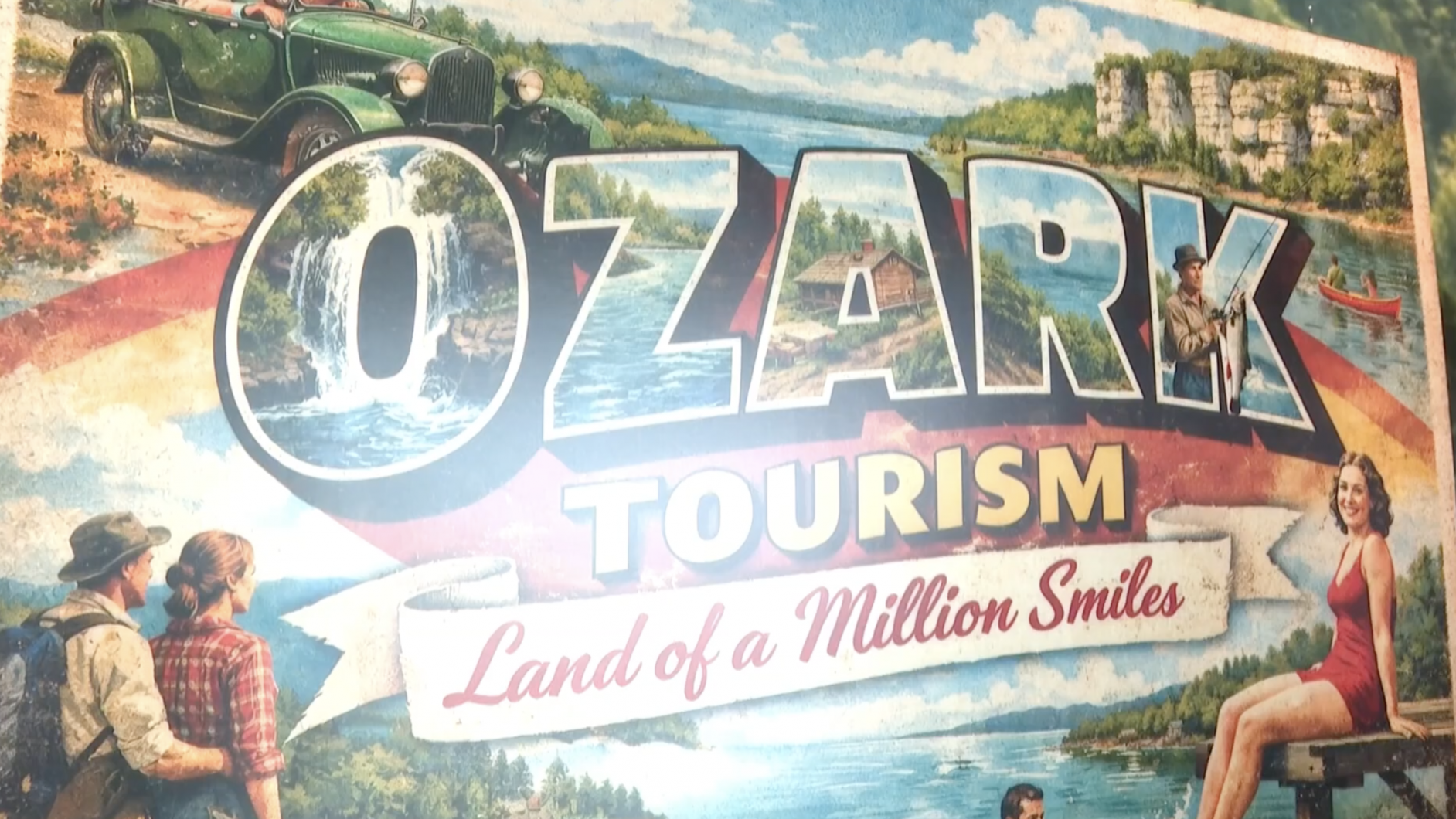 Ozark tourism history poster with vintage design.