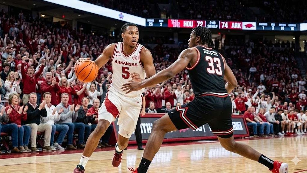 Arkansas vs. Houston basketball preview with Prudential Center backdrop.