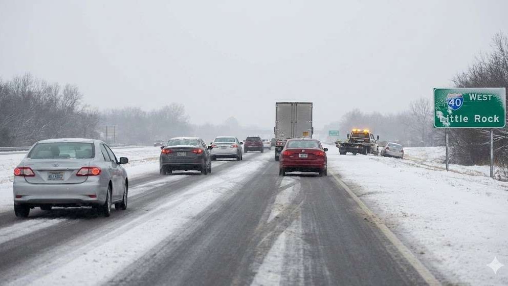 Tow truck assisting vehicle on snowy I-40 during travel disruptions.