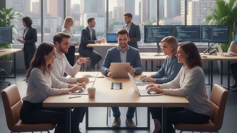 Man contemplating future tech in a digital Northwest Arkansas tech hub theme.