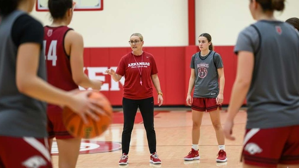 Focused female coach during Arkansas women's basketball season preview.