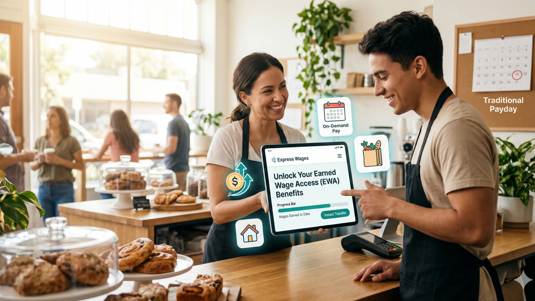 Earned Wage Access for Small Businesses concept with figures on coins.