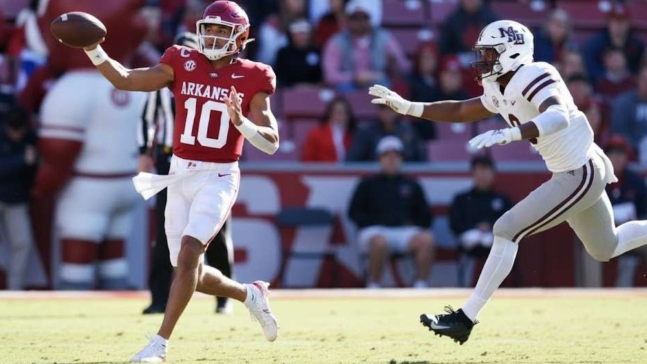 Arkansas football season struggles highlighted with fans and logos.