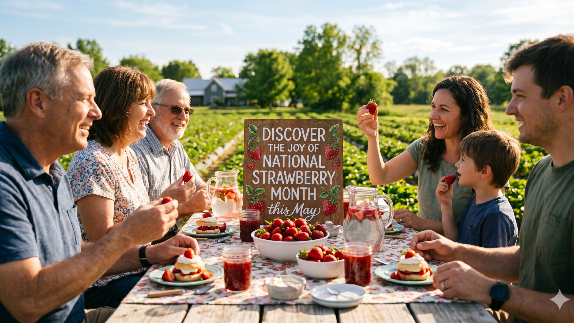 National Strawberry Month vibrant scene with fresh strawberries and daisies.