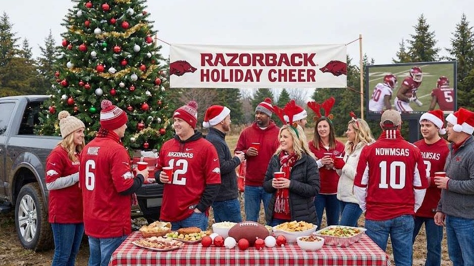 Razorback Football Holiday Spirit festive graphic with Santa hats.