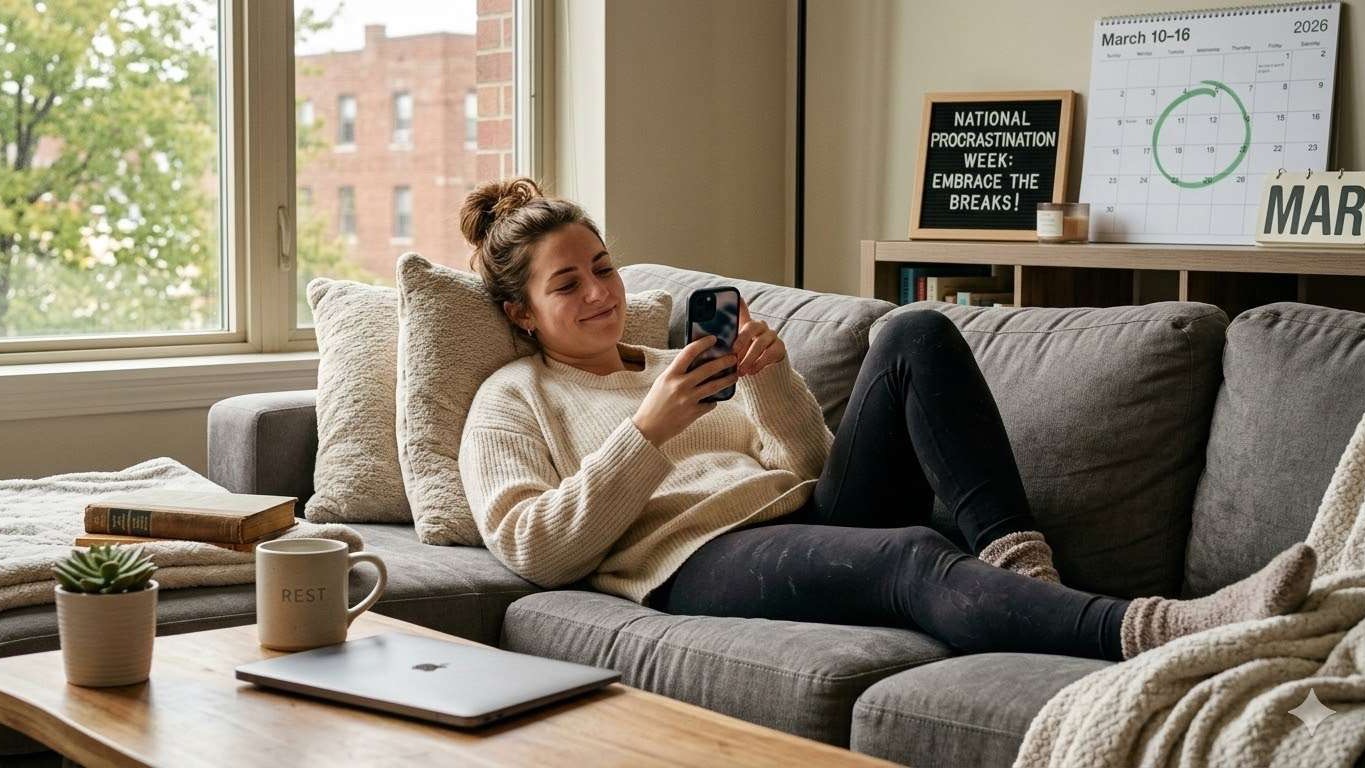 Relaxed young woman on couch using phone symbolizing National Procrastination Week.