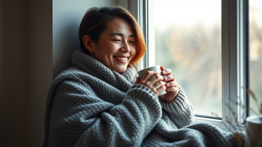 Cozy homeowner enjoying a warm drink, embracing energy-saving tips for a comfortable winter.