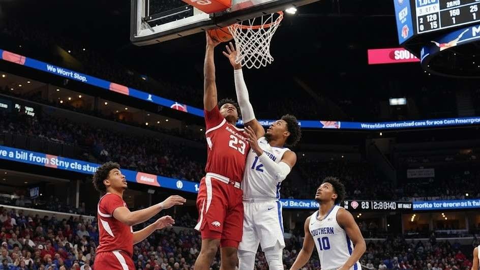 Arkansas basketball season opener promo graphic with players and logos.
