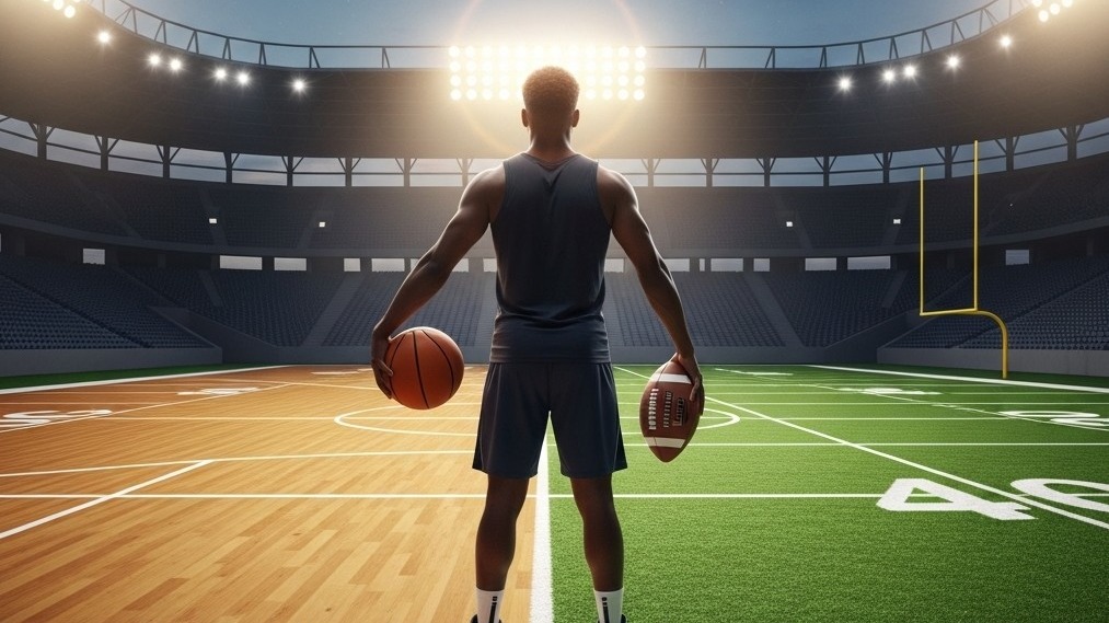 Photo of Johmir Guyton holding football and basketball.