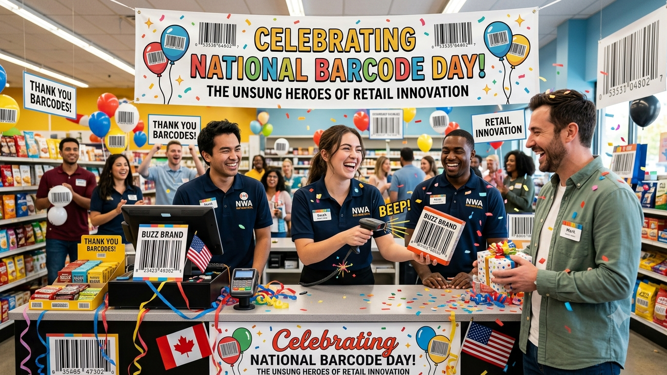 Celebrate National Barcode Day with a close-up of a barcode and scanner.