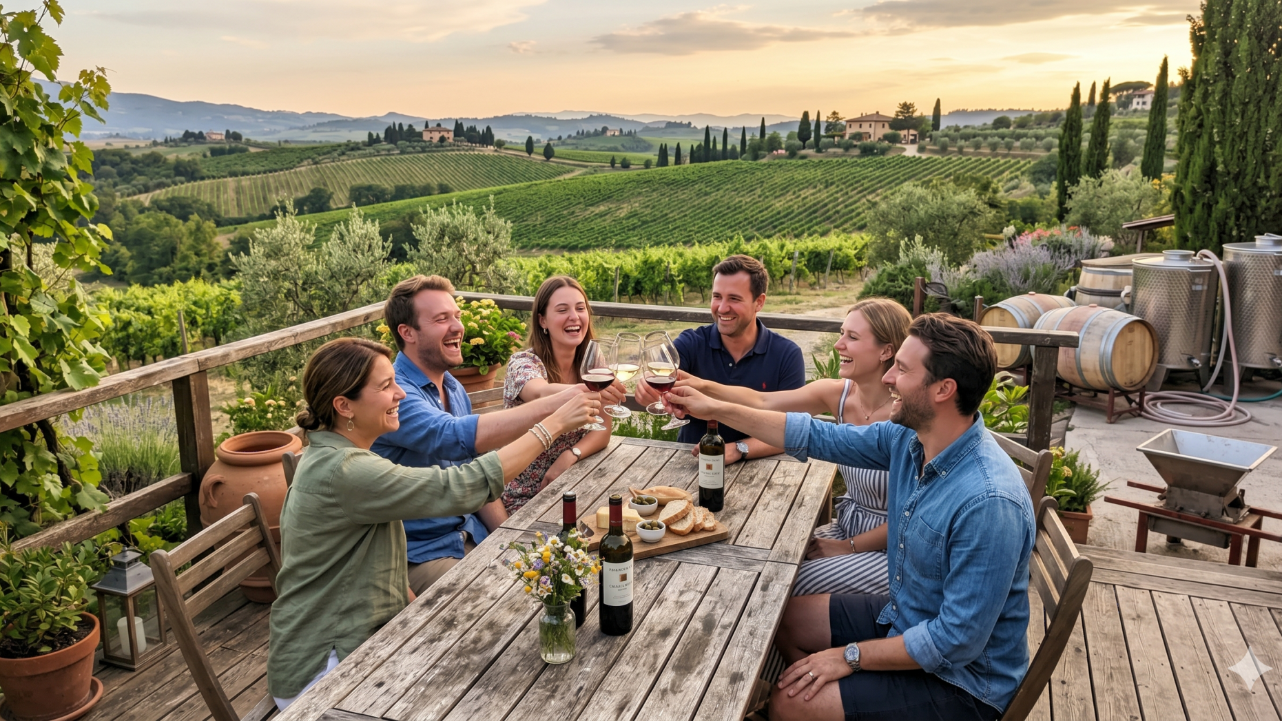 Friends toasting at Sassafras Springs Vineyard on a wooden deck.