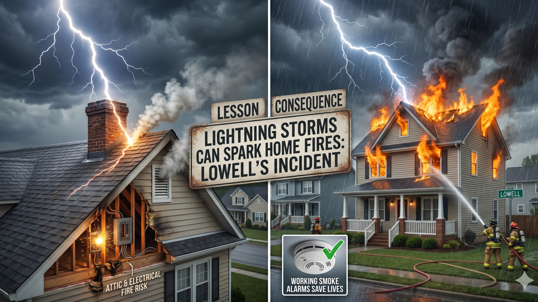 Roof damage from lightning strike starts fire in Lowell neighborhood.