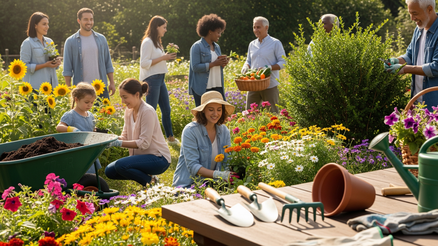 Celebrate National Gardening Day with colorful flowers and tools.