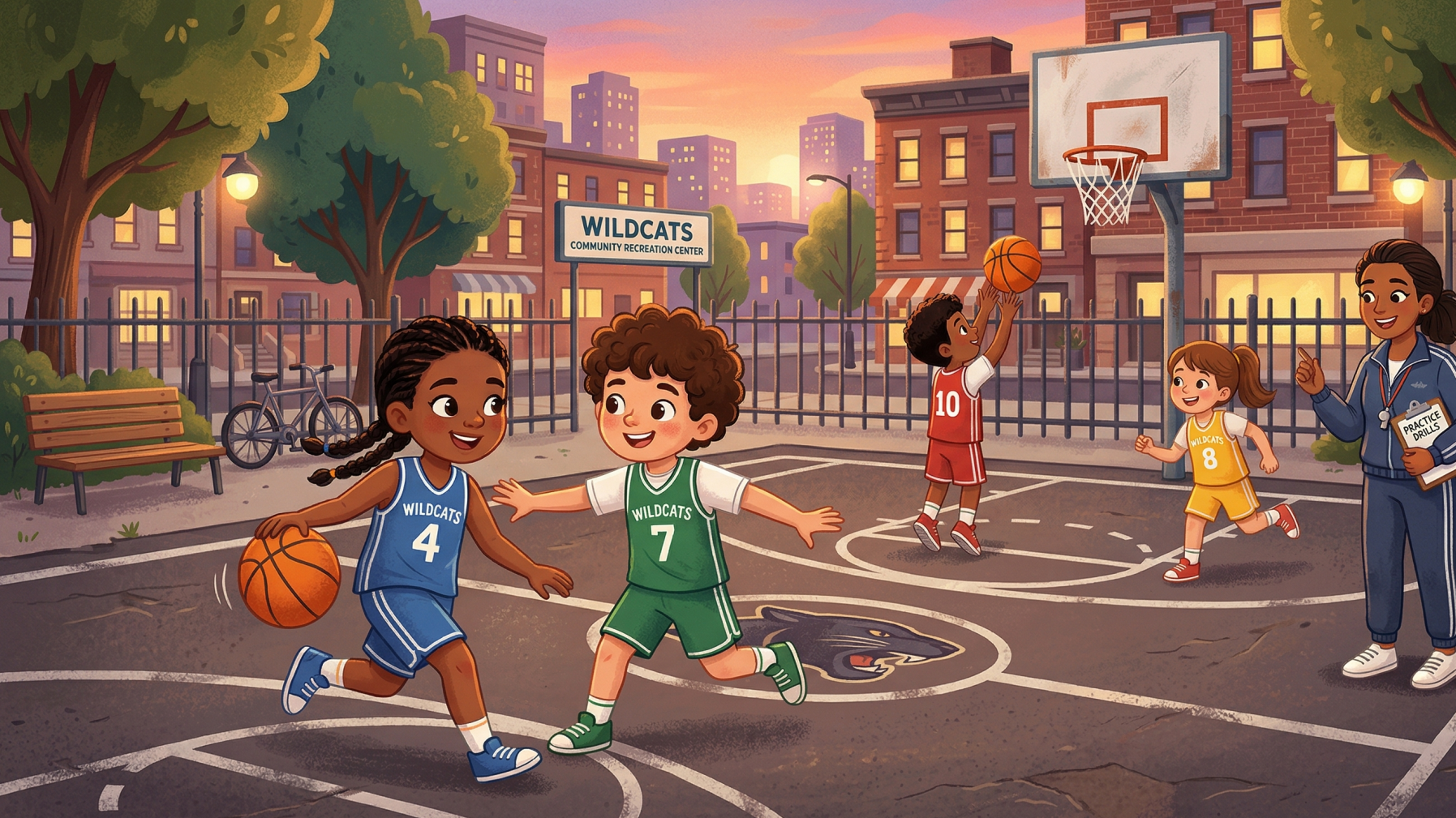 Arkansas Athletes Outreach program with young athletes practicing basketball indoors.