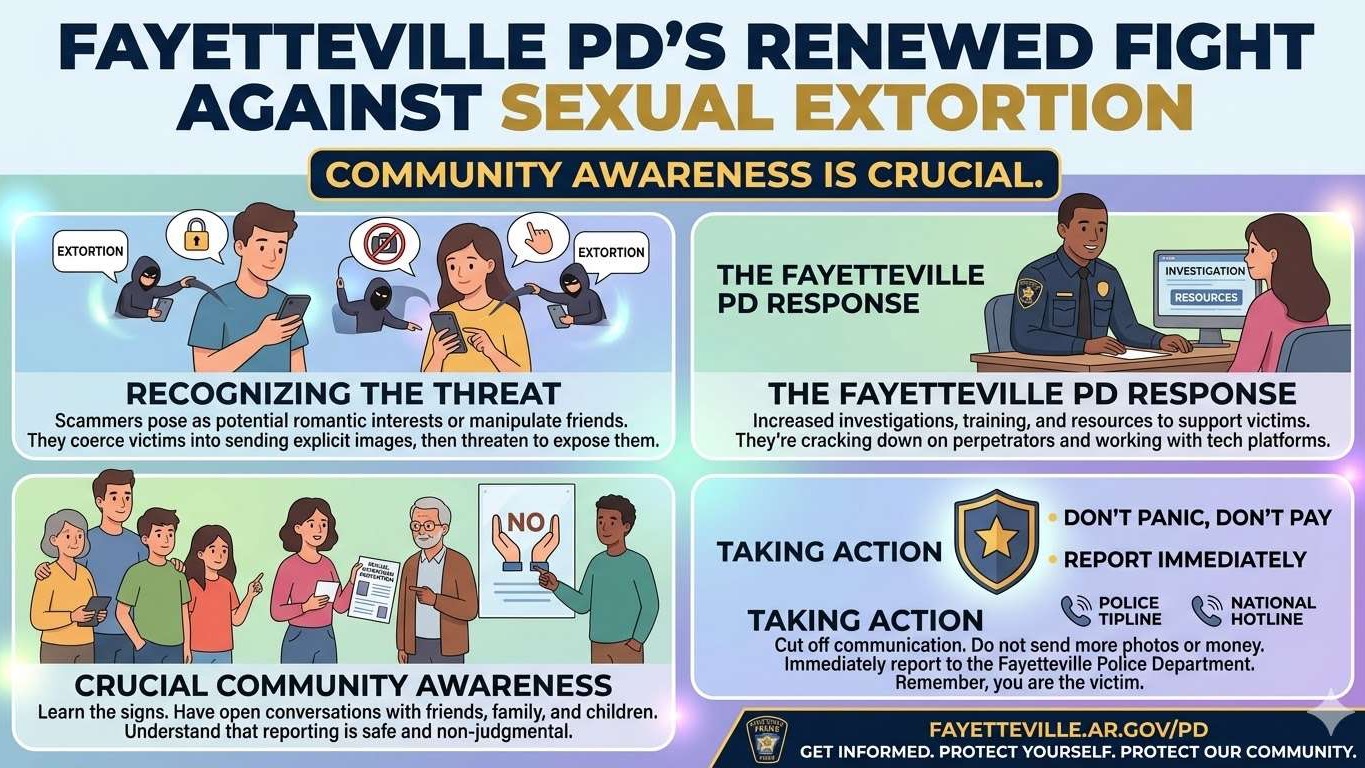 Online safety tips against sexual extortion, graphic with phone screen and QR code.