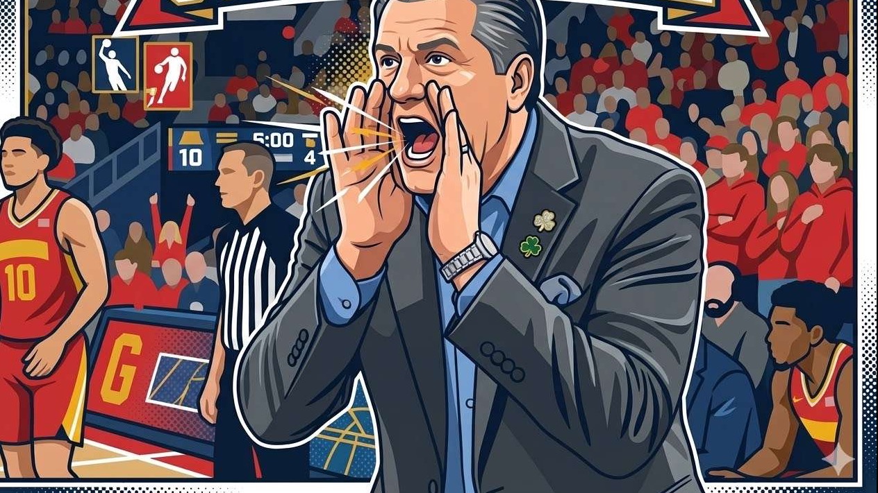 Passionate basketball coach in discussion on basketball court.