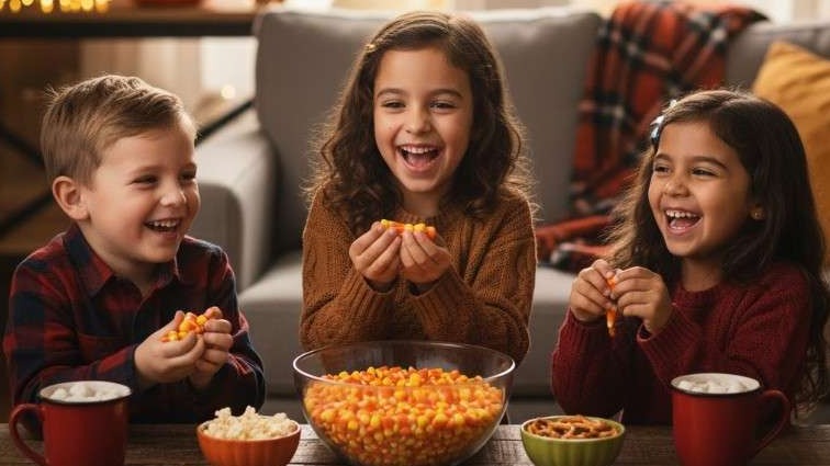 Colorful candy falling for National Candy Corn Day celebration.