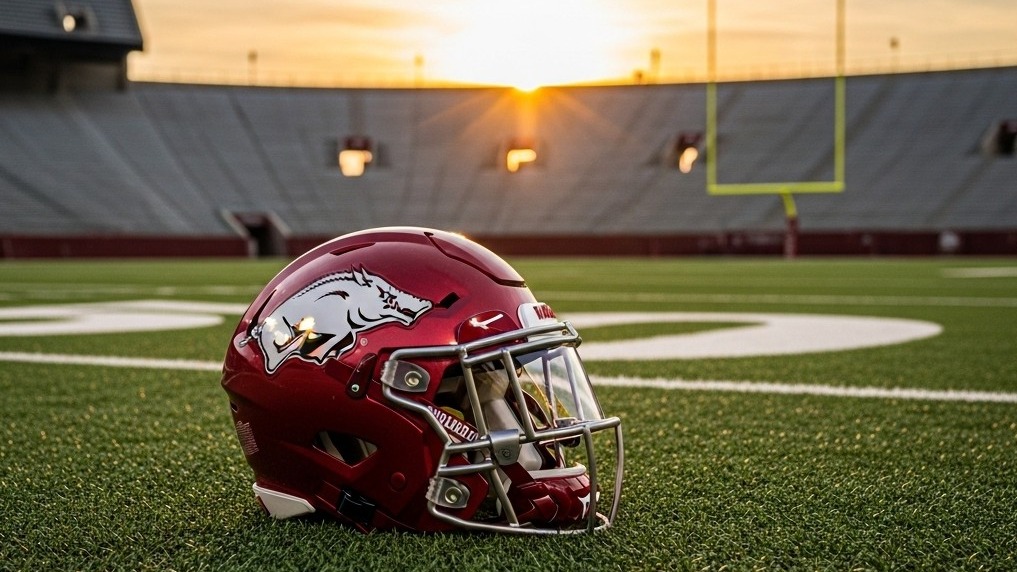 Arkansas football field preparation for historic meeting, empty stadium.