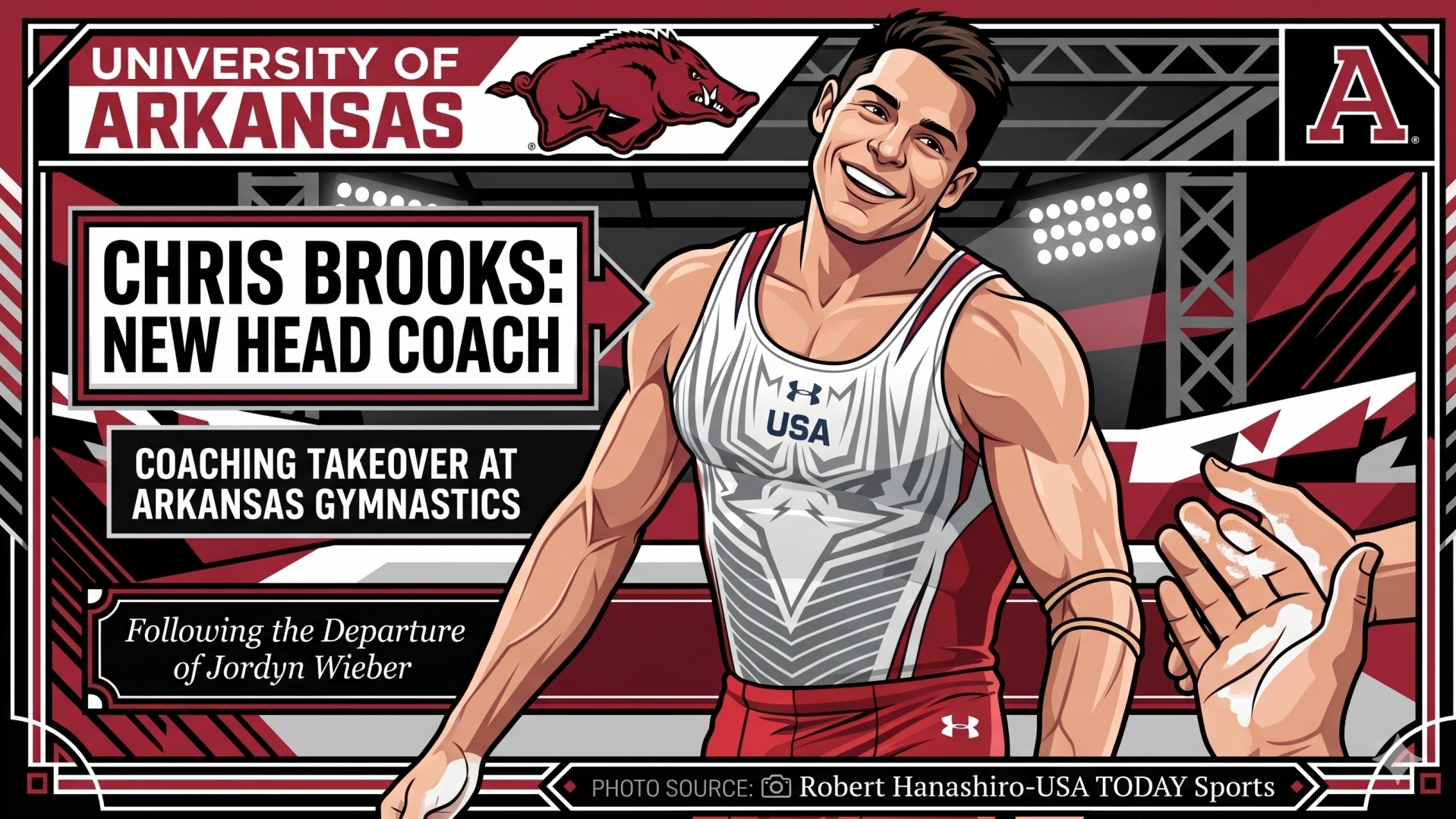Arkansas gymnastics coach energetically engages with team during transition.
