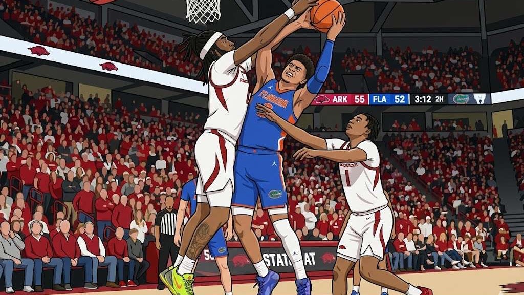 Arkansas Razorbacks coach at press conference with Florida Gators backdrop.