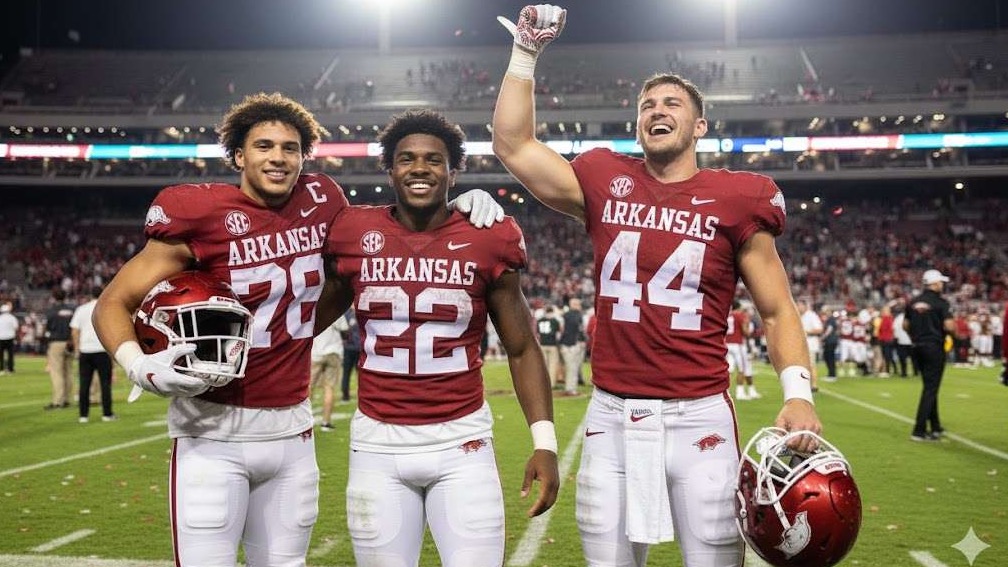 NCAA Transfer Portal Arkansas Football: Intense game action with player tackled.
