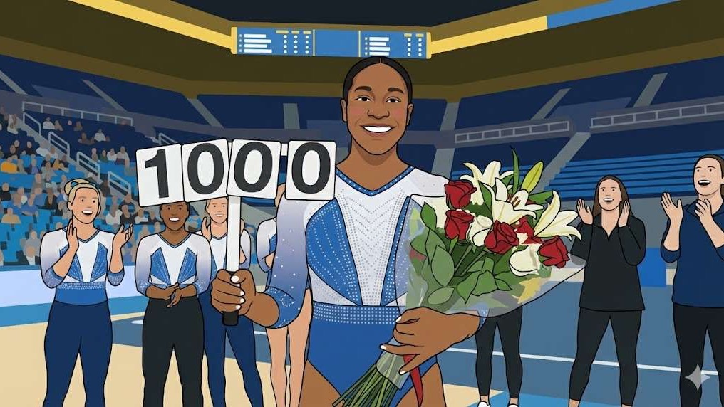 Arkansas gymnast celebrating perfect 10 score in arena