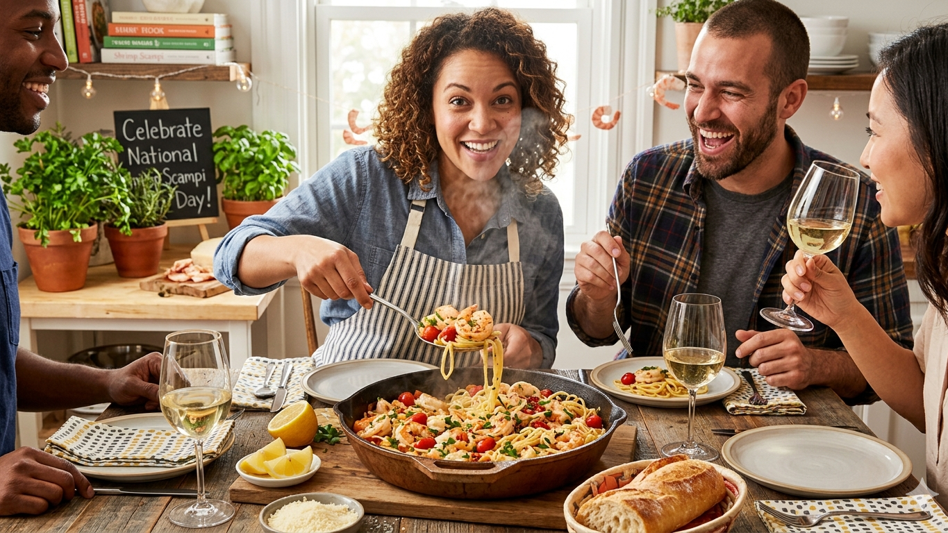 Delicious shrimp scampi pasta on National Shrimp Scampi Day, rustic setting.