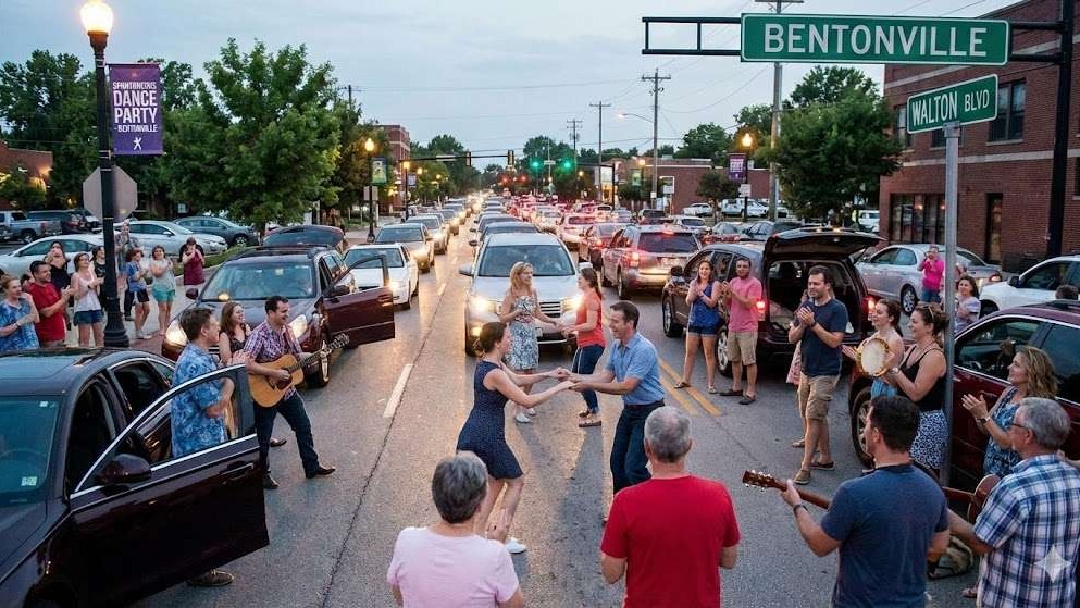 Bentonville spontaneous dance at a traffic light with cars and Sonic sign.