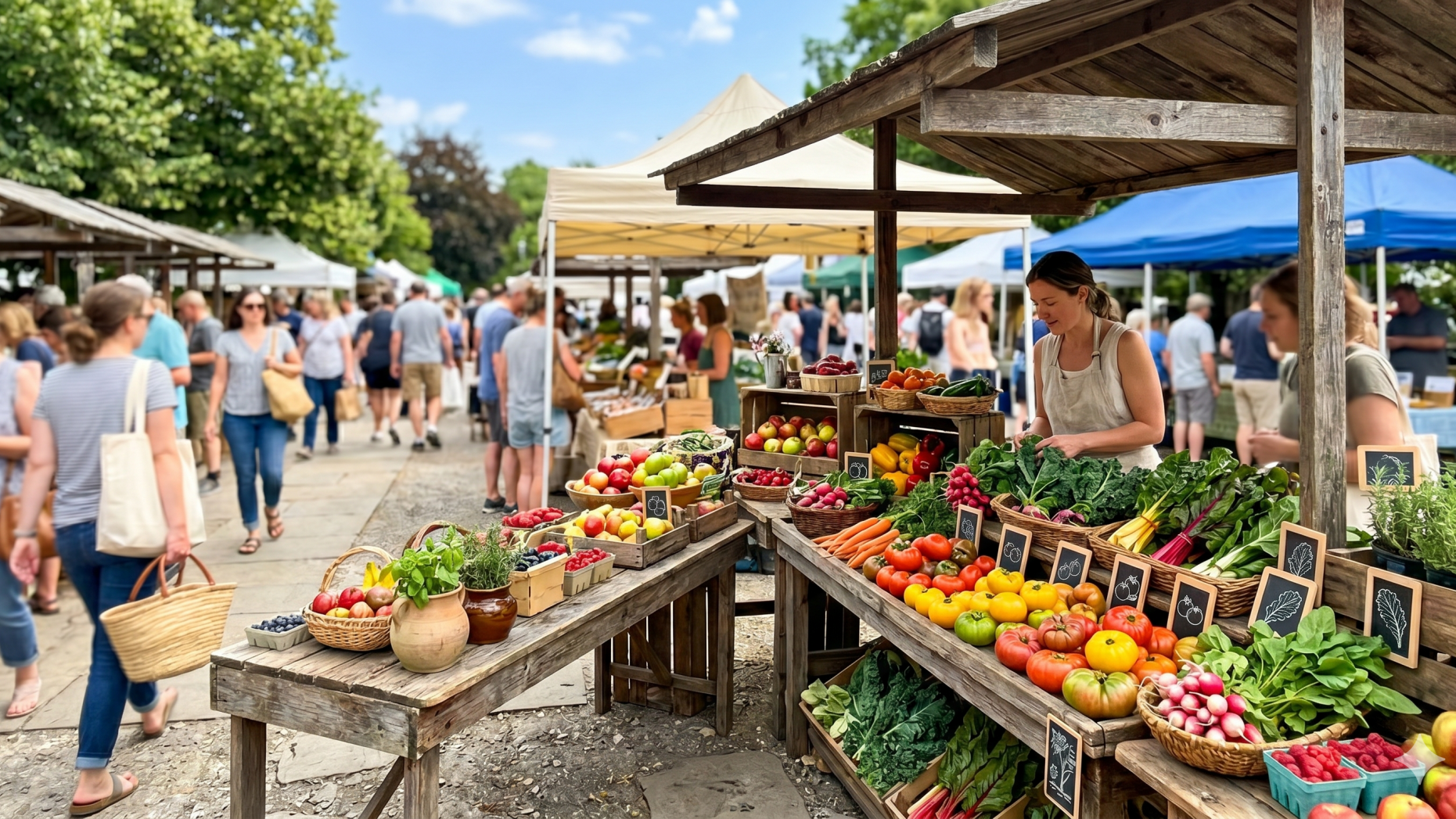 Bentonville Farmers Market Ranked in a lively cartoon scene.