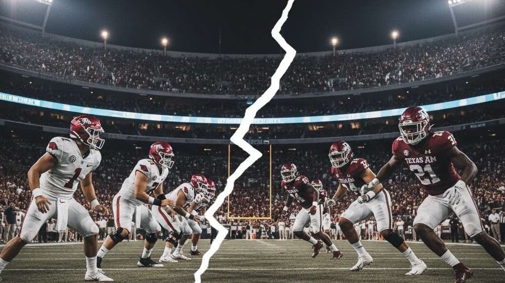 Arkansas football players tackle Tennessee player, Week 8 game action.