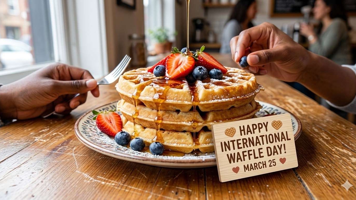 Celebrating International Waffle Day with delicious waffles topped with berries.