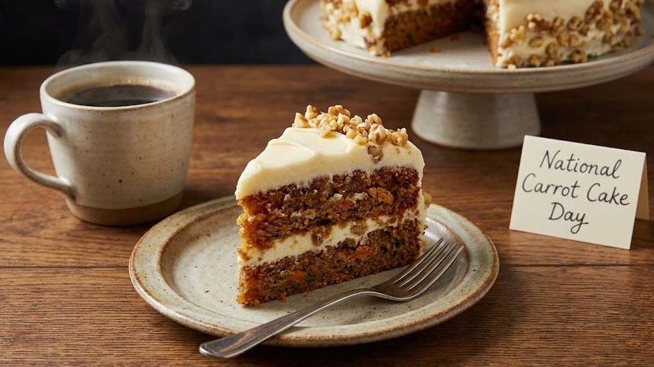 National Carrot Cake Day with cartoon carrots and a slice of cake.
