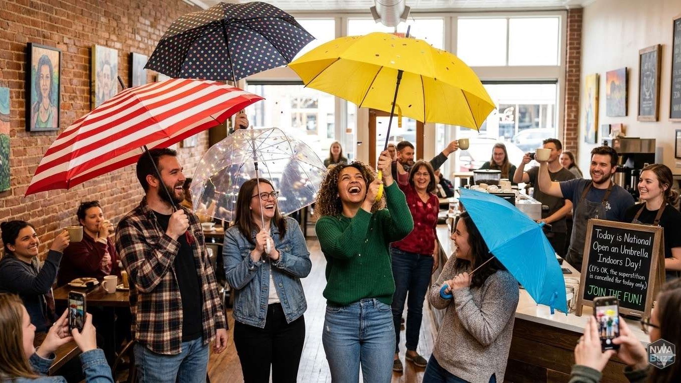 Colorful umbrellas held indoors for National Open an Umbrella Indoors Day.