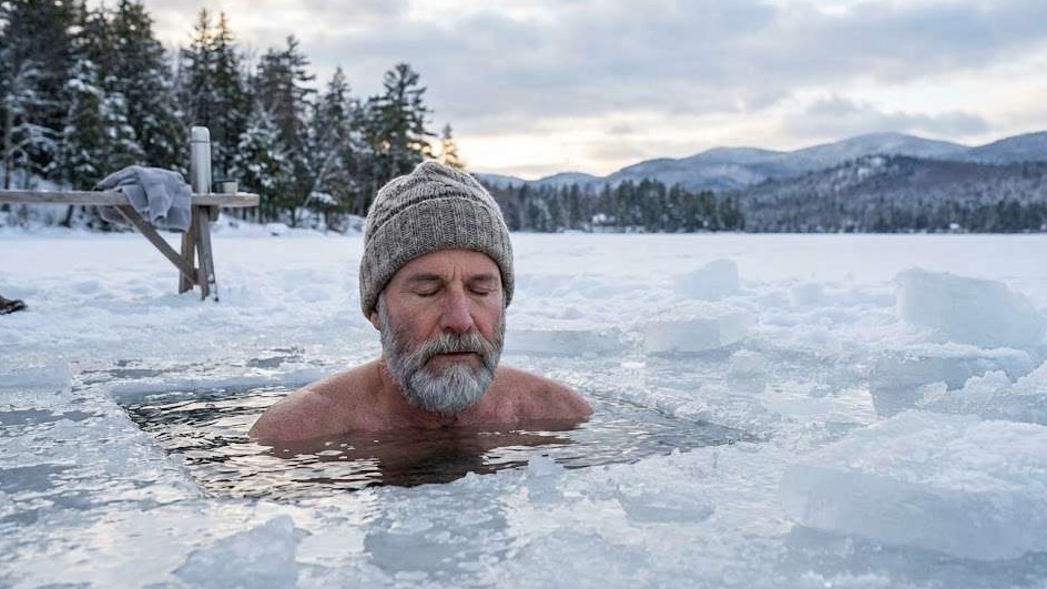 Polar Bear Plunge Day celebration with ice swimmer smiling in cold water.