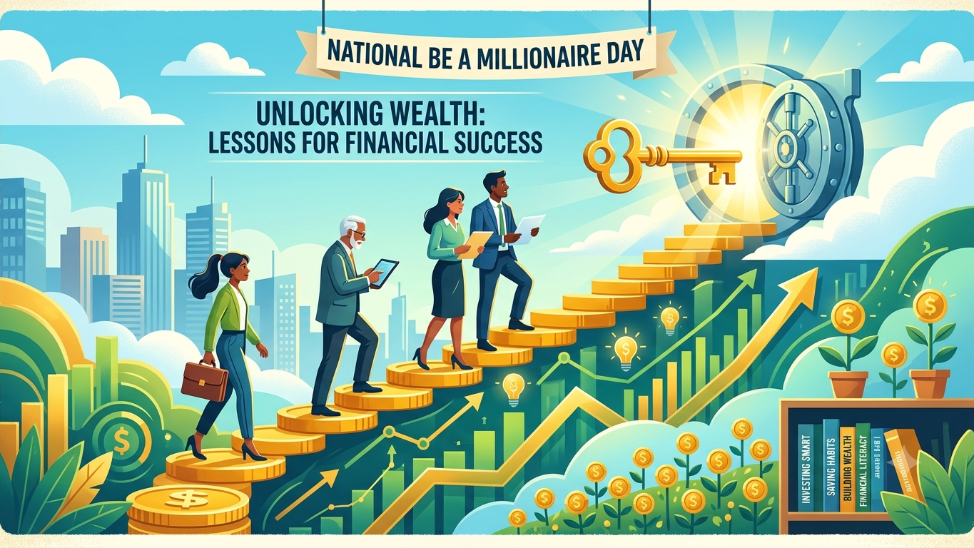 Excited man celebrating National Be a Millionaire Day with flying money.