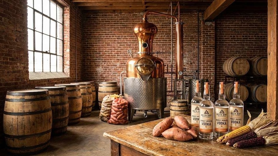 Man at Delta Dirt Distillery discussing ideas indoors.