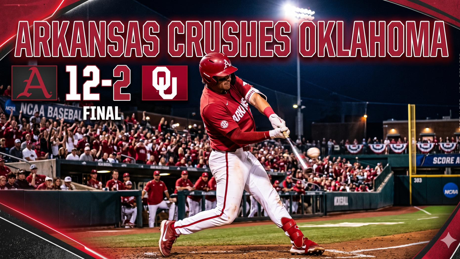 Arkansas Whips Oklahoma In Game 1, baseball victory celebration.