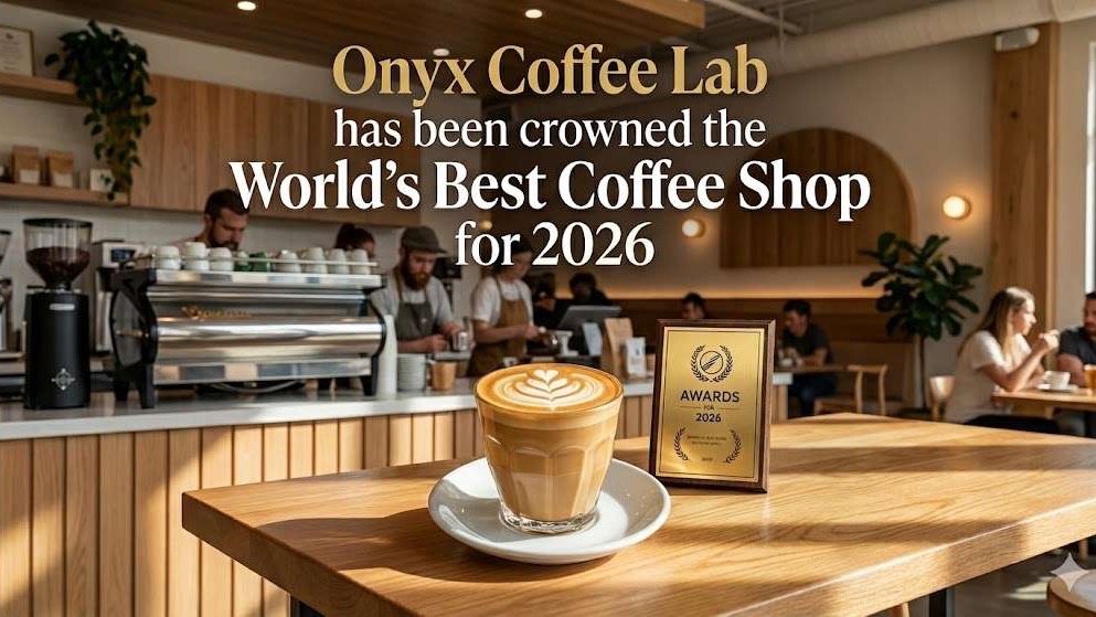 Best Coffee Shop in the World emblem with map background.