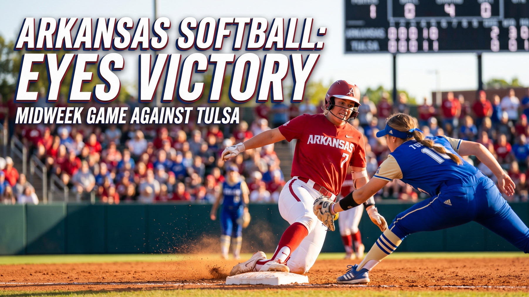 Arkansas softball coach discussing strategy with players in red uniforms.