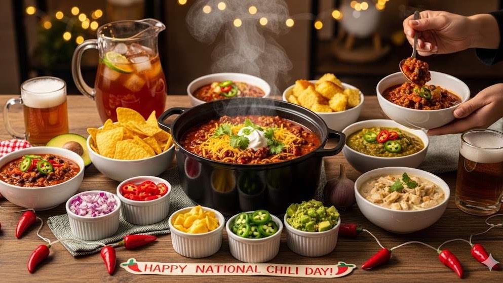 Steaming bowl of chili for National Chili Day garnished with cheese.
