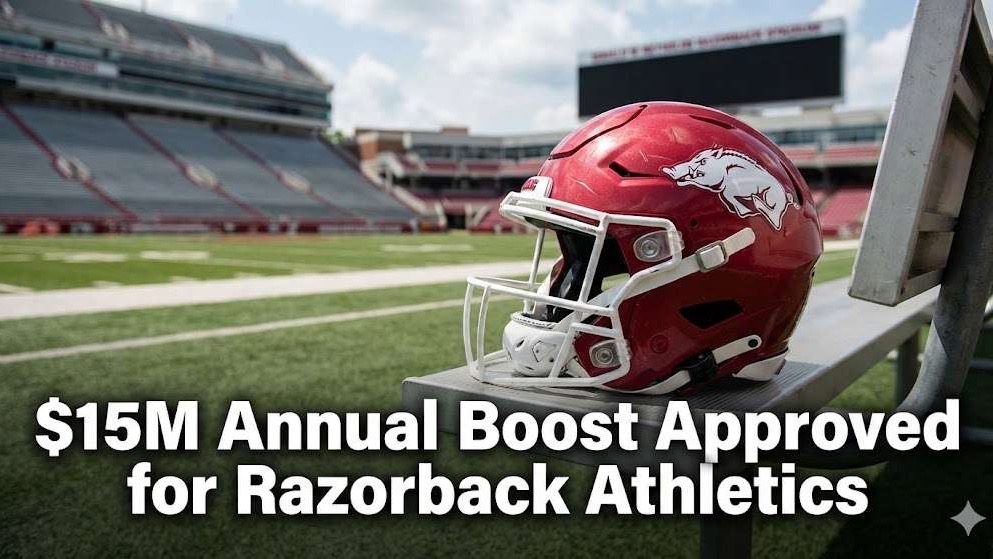 $15 million Razorback resolution text over a smiling older man in a red shirt.