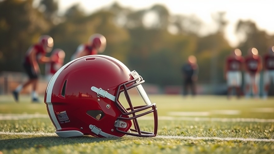 Photorealistic Arkansas Razorbacks helmet on training field, showcasing linebacker recruiting.