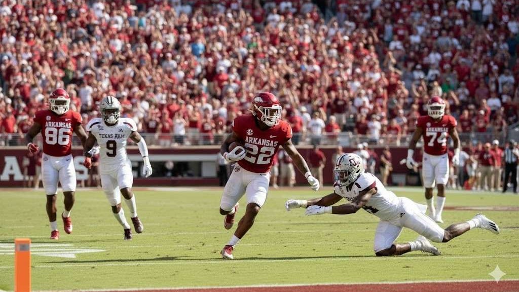 Arkansas Recruiting Transfer Portal Updates with coach and fans celebrating.