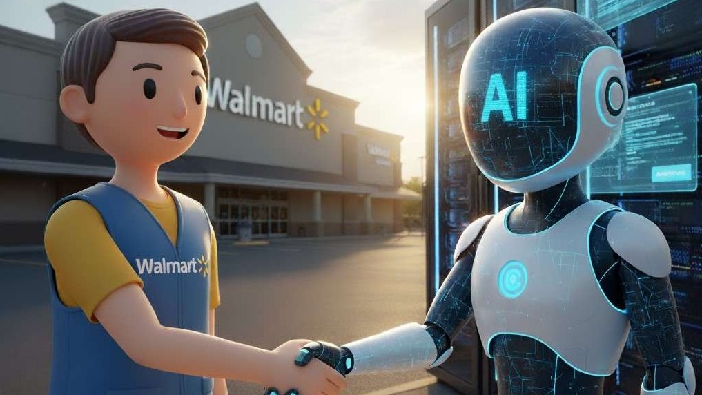 Walmart ChatGPT shopping experience announcement graphic with blue logo.