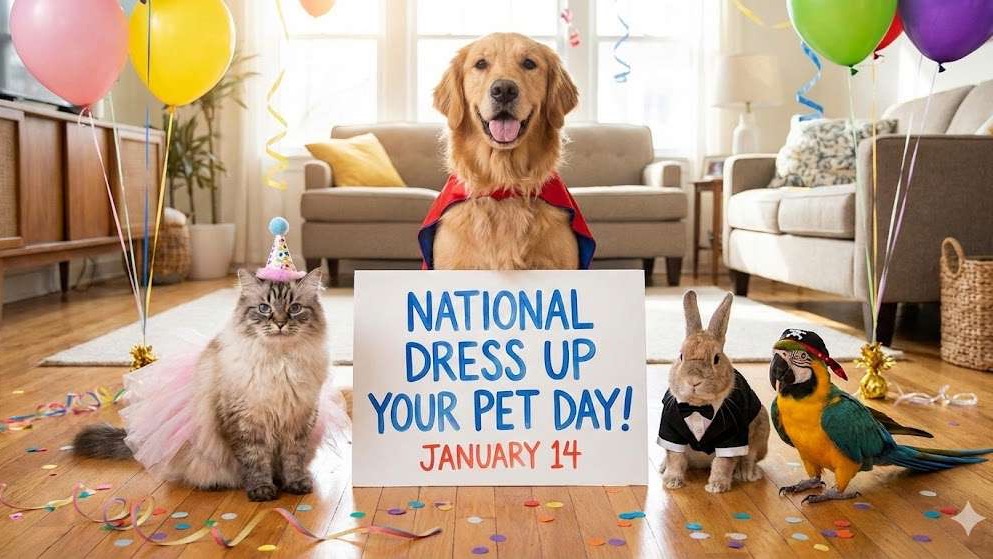 Orange tabby cat dressed up for National Dress Up Your Pet Day, relaxing in a sweater.