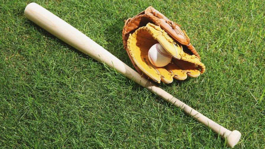 Photorealistic baseball bat and glove representing Arkansas baseball under bright sunlight.
