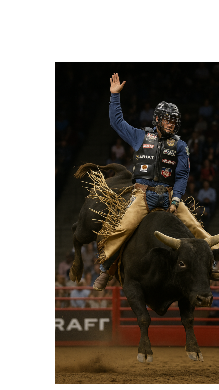 Bull rider launching from chute at Buckin' in the Ozarks in Springdale