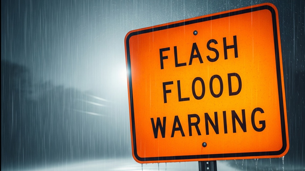 Flash flood warning sign in heavy rain