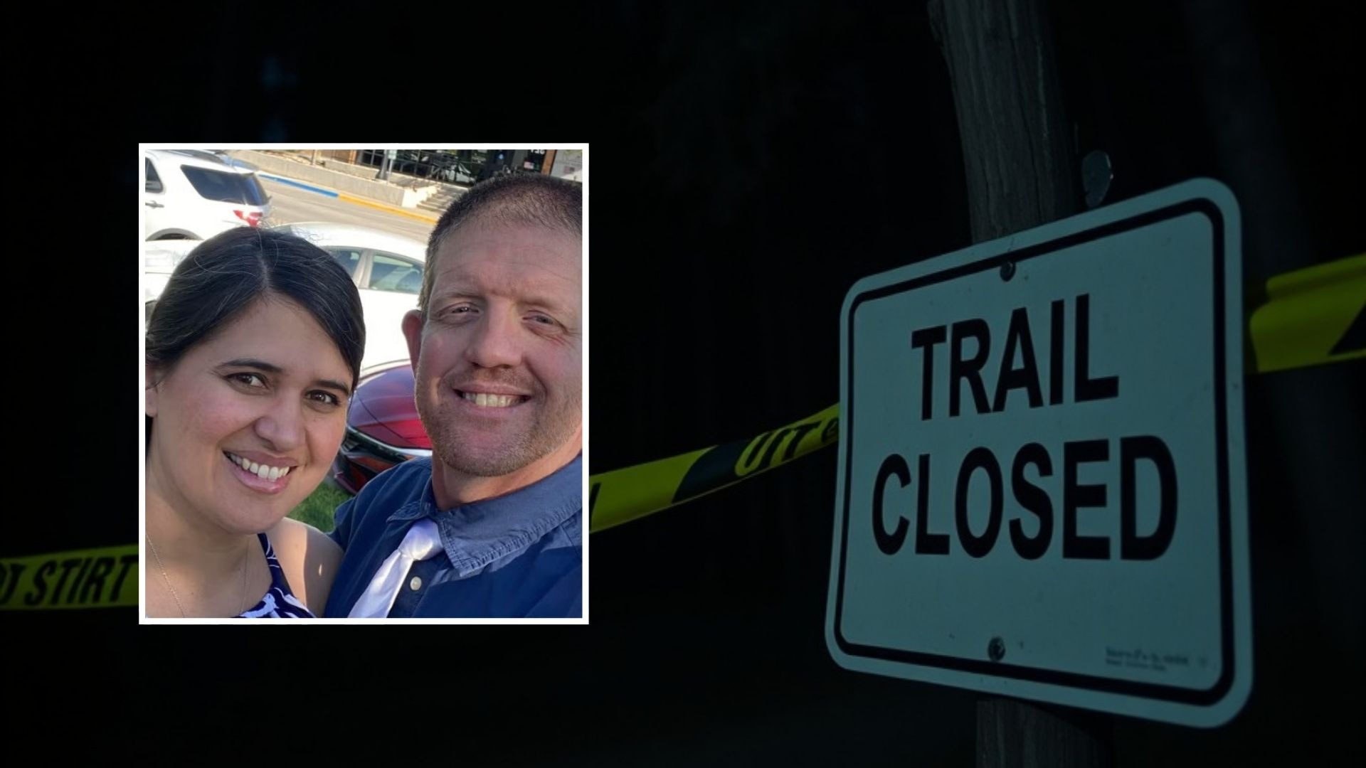 Caution tape at night marking closed trail in Devil's Den killings investigation.